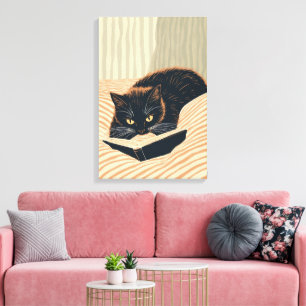cat reading in bed canvas print