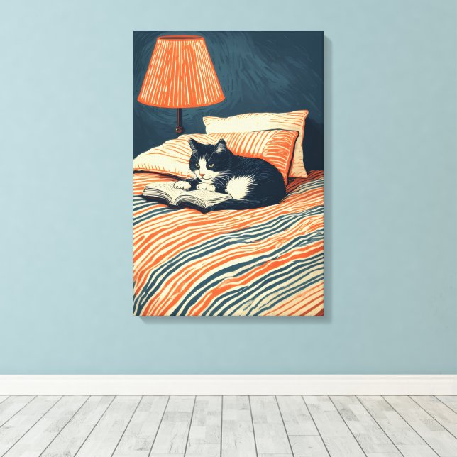cat reading in bed canvas print (Insitu(Wood Floor))