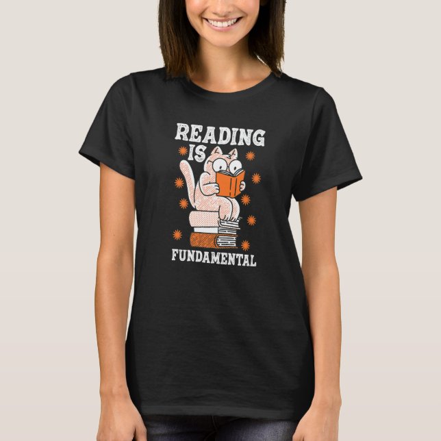 Cat Reading Is Fundamental Geeky Bookworm Poetry L T-Shirt (Front)