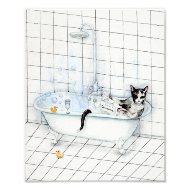 Cat reading newspaper in the bathtub. photo print (Front)