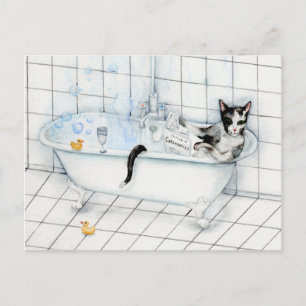 Cat reading newspaper in the bathtub postcard