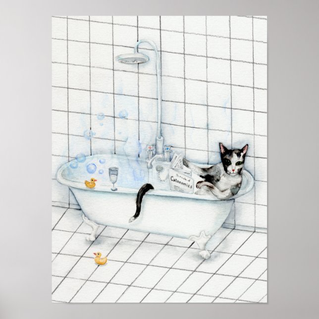 Cat reading newspaper in the bathtub poster (Front)