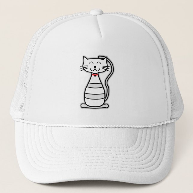 cat red grey black happy white cartoon kitten smil trucker hat (Front)