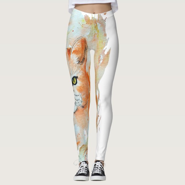 Cat Red Magic Humour Watercolor Mystic Leggings (Front)
