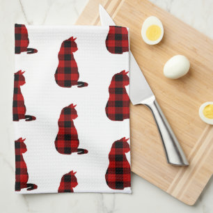 Cat Red Plaid Pattern Tea Towel
