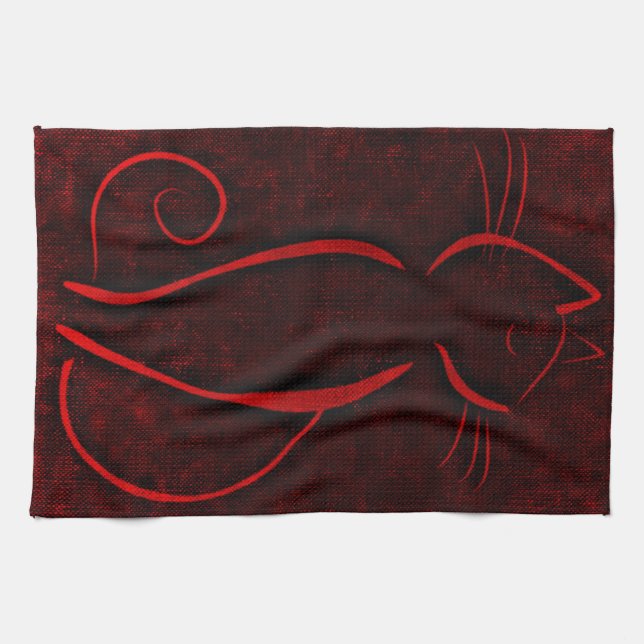 Cat red silhouette tea towel (Horizontal)