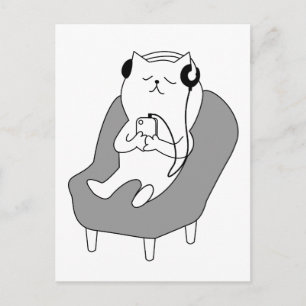 Cat Relaxing Listening to Music on Headphones Postcard