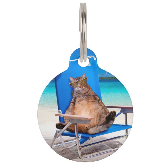 Cat relaxing on the beach pet tag (Front)