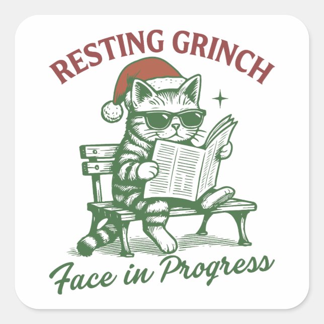 Cat Resting Grinch Face in Progress Holiday  Square Sticker (Front)