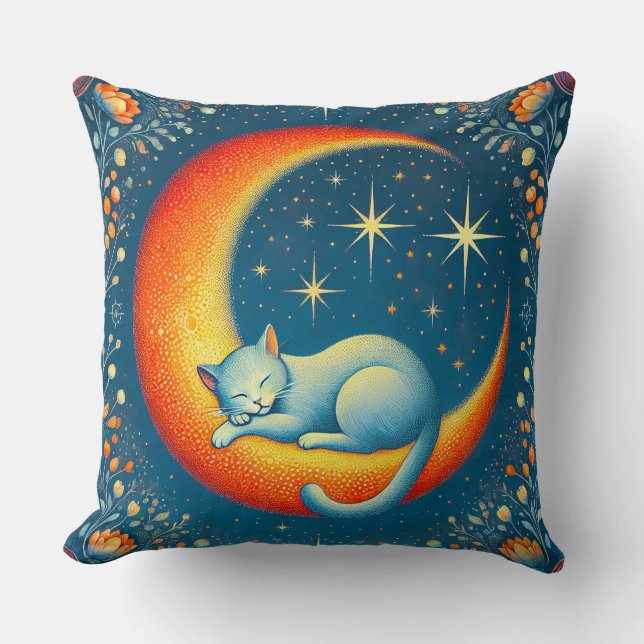 Cat Resting on a Crescent Moon at Night Cushion (Front)