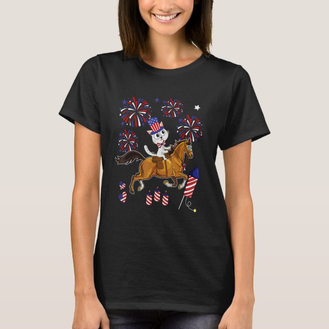 Cat Ridding Horse Sunglasses 4th Of July American  T-Shirt (Front)