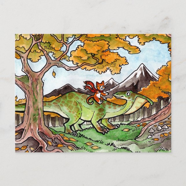 Cat Rides a Dinosaur Postcard (Front)