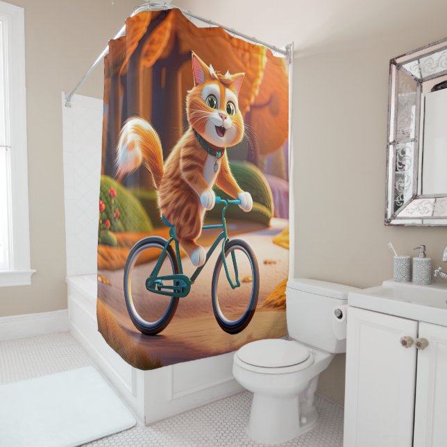 Cat riding a bicycle shower curtain (In Situ)