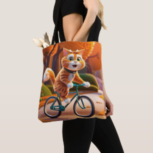 Cat riding a bicycle tote bag