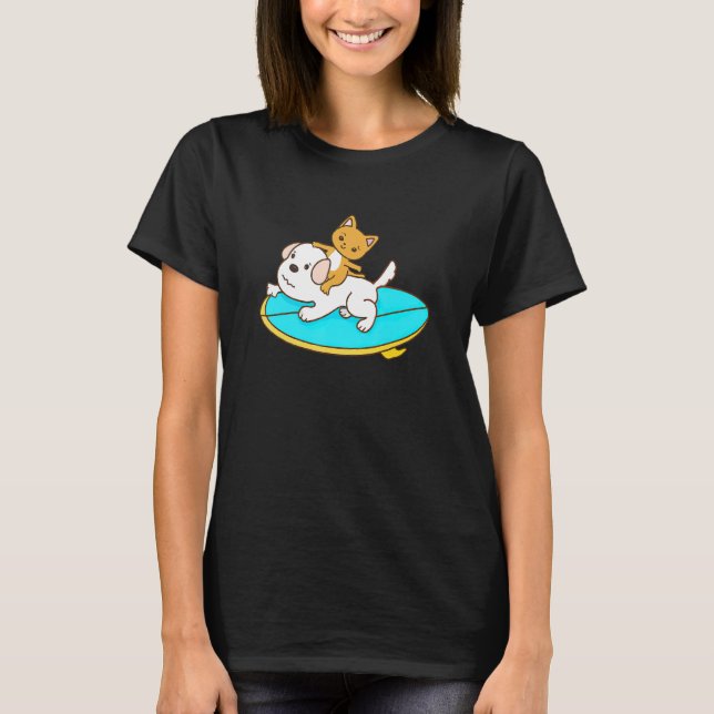 Cat riding a Dog on a Surfboard T-Shirt (Front)