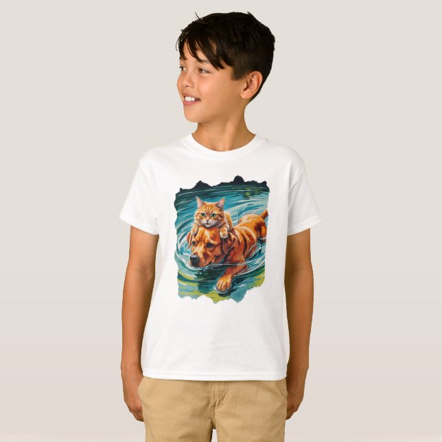 Cat riding a friendly dog in the water! T-Shirt (Front Full)