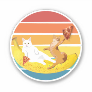 Cat riding banana and holding pizza retro