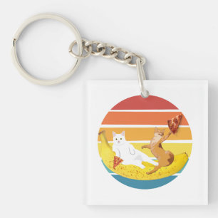 Cat riding banana and holding pizza retro key ring