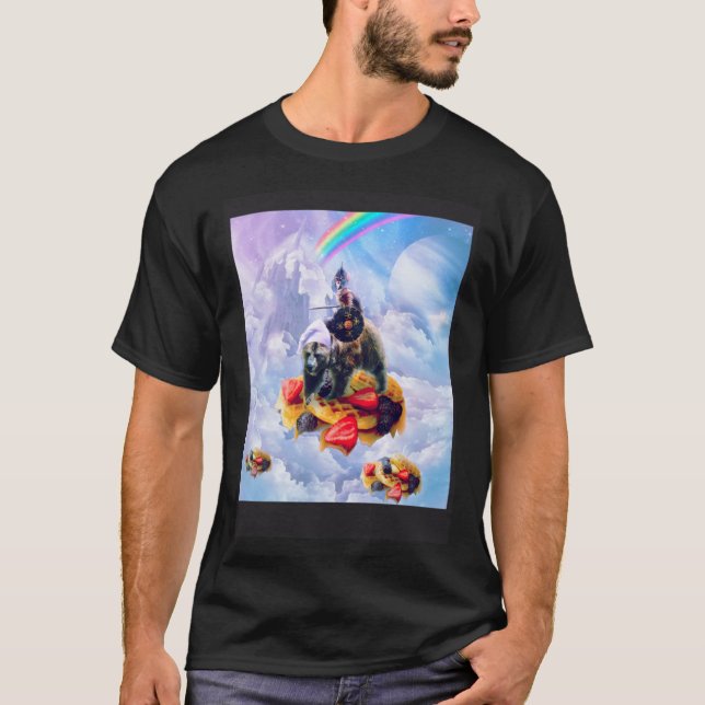 Cat Riding Bear On Clouds And Waffles T-Shirt (Front)