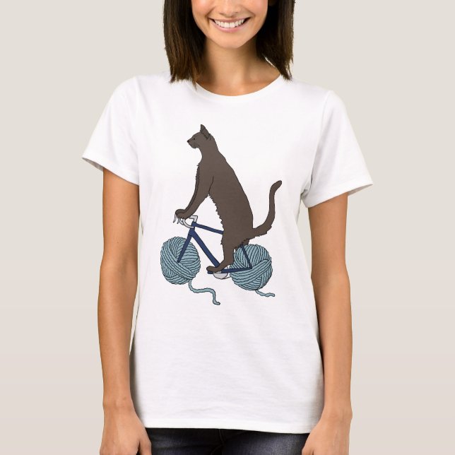 Cat Riding Bike With Yarn Ball Wheels T-Shirt (Front)