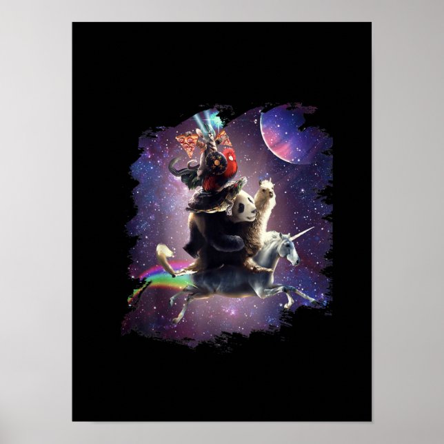 Cat Riding Chicken Turtle Panda Llama Unicorn Poster (Front)