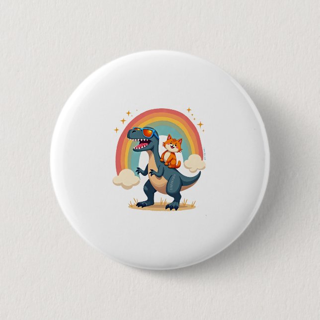 Cat Riding Dinosaur T-Rex Kitten Rainbow Dino Funn 6 Cm Round Badge (Front)