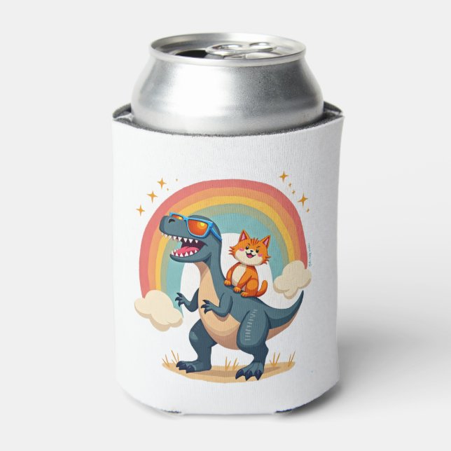 Cat Riding Dinosaur T-Rex Kitten Rainbow Dino Funn Can Cooler (Can Front)