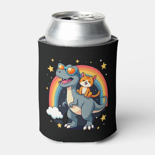 Cat Riding Dinosaur T-Rex Kitten Rainbow Dino Funn Can Cooler (Can Front)