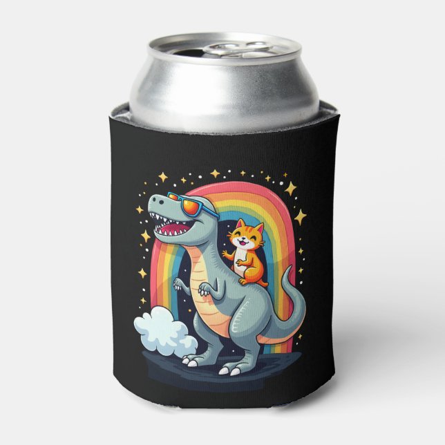 Cat Riding Dinosaur T-Rex Kitten Rainbow Dino Funn Can Cooler (Can Front)