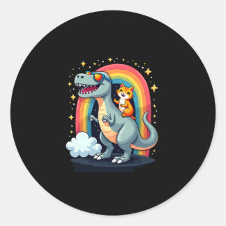 Cat Riding Dinosaur T-Rex Kitten Rainbow Dino Funn Classic Round Sticker