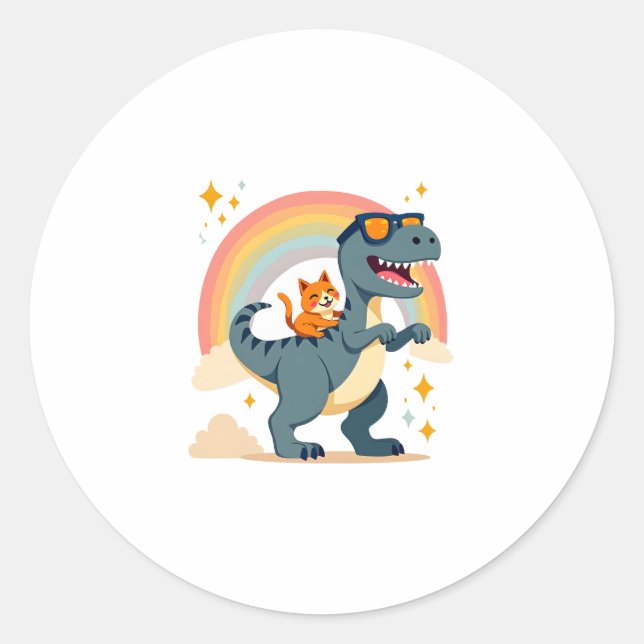 Cat Riding Dinosaur T-Rex Kitten Rainbow Dino Funn Classic Round Sticker (Front)