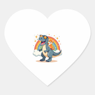 Cat Riding Dinosaur T-Rex Kitten Rainbow Dino Funn Heart Sticker