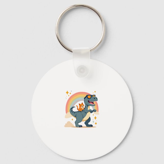 Cat Riding Dinosaur T-Rex Kitten Rainbow Dino Funn Key Ring (Front)