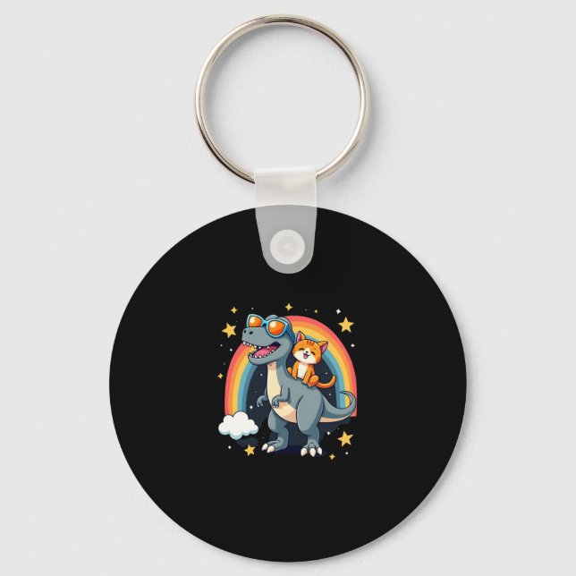Cat Riding Dinosaur T-Rex Kitten Rainbow Dino Funn Key Ring (Front)
