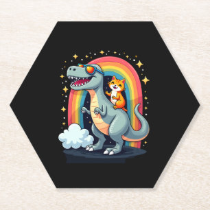 Cat Riding Dinosaur T-Rex Kitten Rainbow Dino Funn Paper Coaster