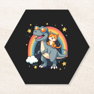 Cat Riding Dinosaur T-Rex Kitten Rainbow Dino Funn Paper Coaster