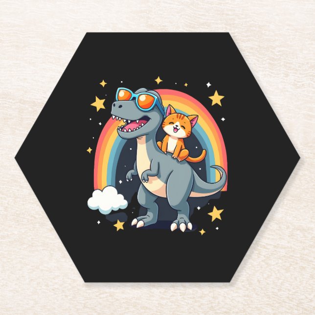 Cat Riding Dinosaur T-Rex Kitten Rainbow Dino Funn Paper Coaster (Front)