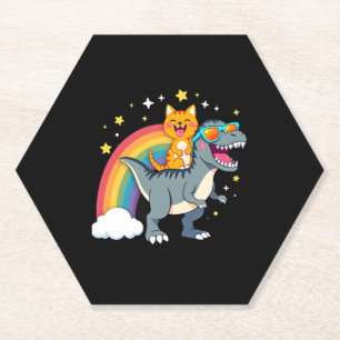 Cat Riding Dinosaur T-Rex Kitten Rainbow Dino Funn Paper Coaster