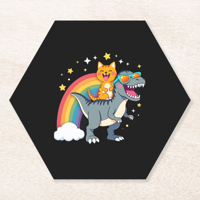 Cat Riding Dinosaur T-Rex Kitten Rainbow Dino Funn Paper Coaster (Front)