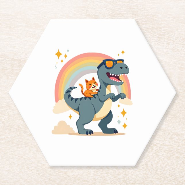 Cat Riding Dinosaur T-Rex Kitten Rainbow Dino Funn Paper Coaster (Front)