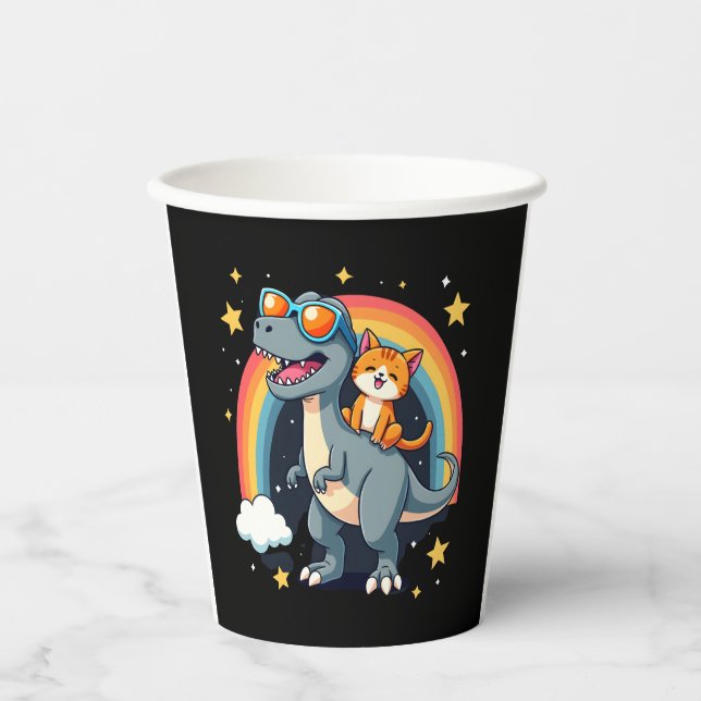 Cat Riding Dinosaur T-Rex Kitten Rainbow Dino Funn Paper Cups (Front)