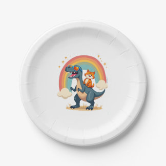 Cat Riding Dinosaur T-Rex Kitten Rainbow Dino Funn Paper Plate