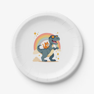 Cat Riding Dinosaur T-Rex Kitten Rainbow Dino Funn Paper Plate