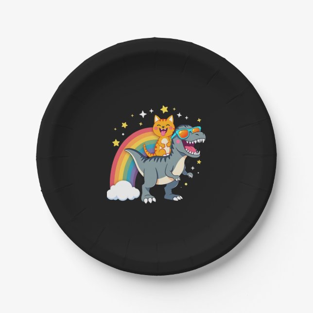 Cat Riding Dinosaur T-Rex Kitten Rainbow Dino Funn Paper Plate (Front)