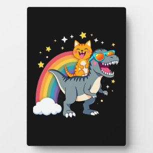 Cat Riding Dinosaur T-Rex Kitten Rainbow Dino Funn Plaque