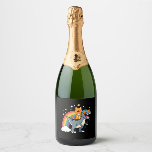 Cat Riding Dinosaur T-Rex Kitten Rainbow Dino Funn Sparkling Wine Label (Front)