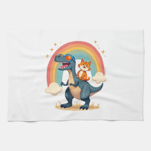 Cat Riding Dinosaur T-Rex Kitten Rainbow Dino Funn Tea Towel