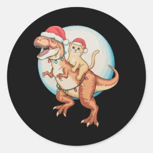 Cat Riding Dinosaur T Rex Moon Christmas Xmas Classic Round Sticker