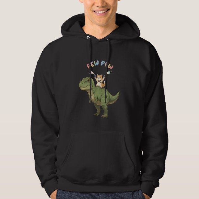 Cat Riding Dinosaur T-Rex Pew Guns Anime Cute Tyra Hoodie (Front)