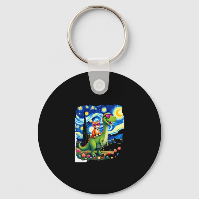 Cat Riding Dinosaur T-Rex Starry Night Cat Lover ( Key Ring (Front)